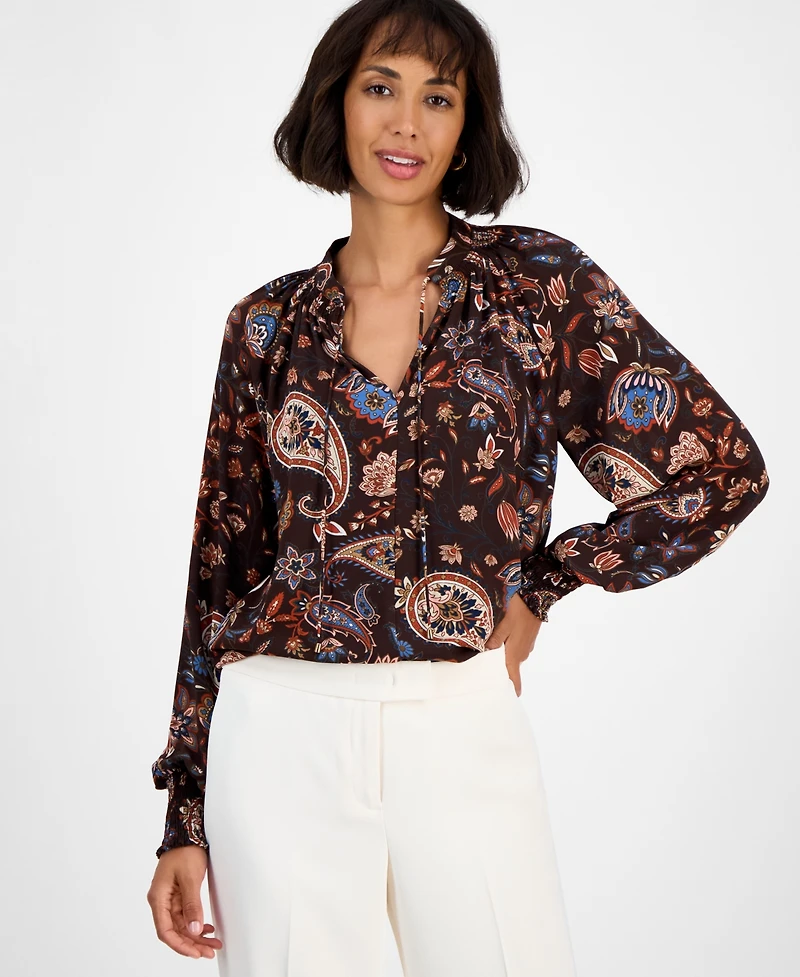 T Tahari Women's Printed Split-Neck Long-Sleeve Blouse