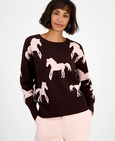 T Tahari Women's Horse-Print Crewneck Long-Sleeve Sweater