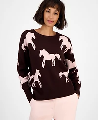 T Tahari Women's Horse-Print Crewneck Long-Sleeve Sweater
