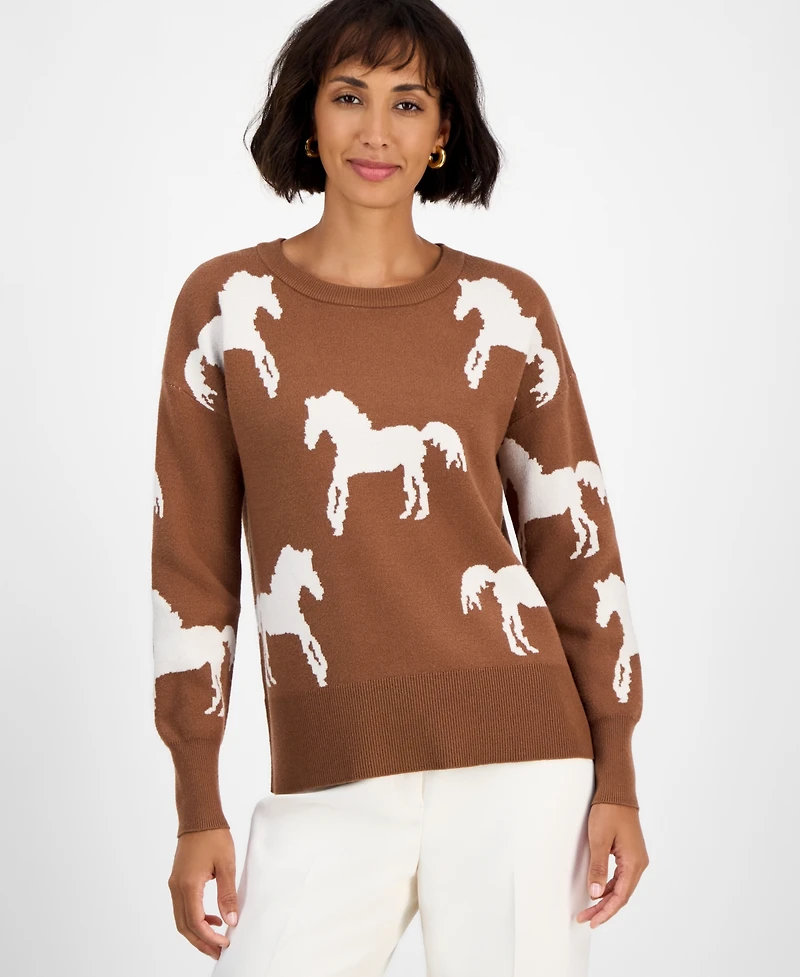 T Tahari Women's Horse-Print Crewneck Long-Sleeve Sweater