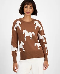 T Tahari Women's Horse-Print Crewneck Long-Sleeve Sweater