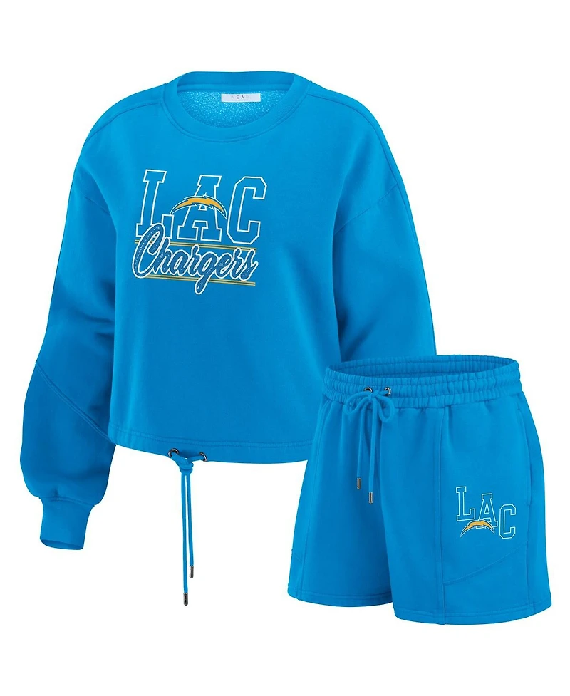 Wear by Erin Andrews Women's 2-Piece Powder Blue Los Angeles Chargers Washed Fleece Long Sleeve T-Shirt and Shorts Lounge Set