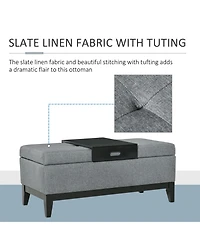 Fabric Upholste Storage Ottoman Recgular Bench Wood Leg Furniture W/Tray
