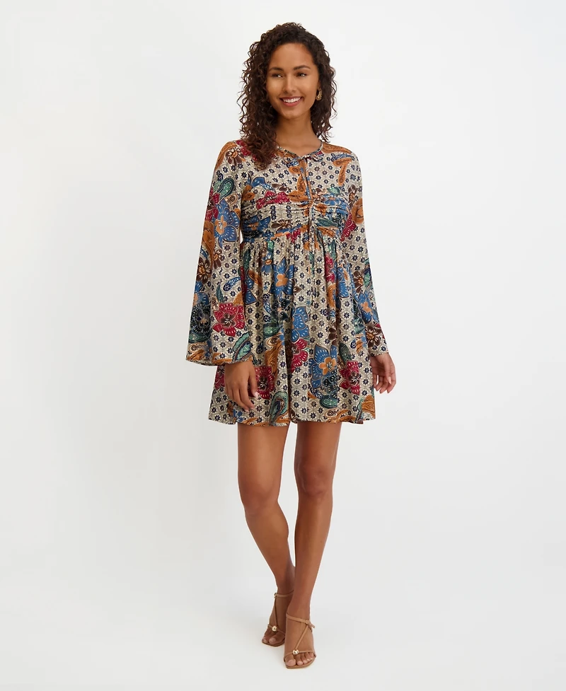 kensie Women's Printed-Chiffon Long-Sleeve Fit and Flare Dress