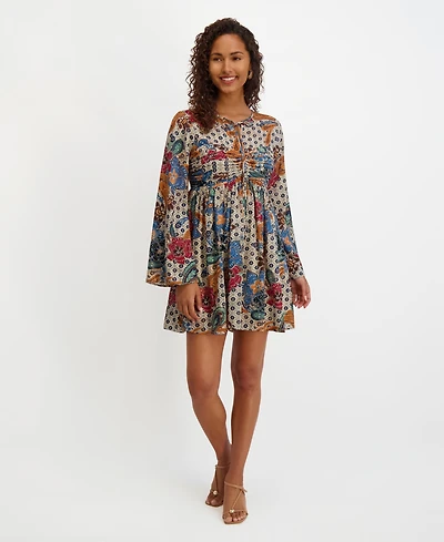 kensie Women's Printed-Chiffon Long-Sleeve Fit and Flare Dress