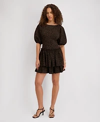 kensie Women's Stretch-Jacquard Puff-Sleeve A-Line Dress