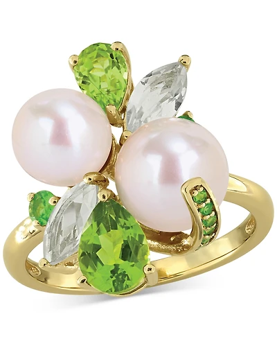Cultured Freshwater Pearl (7-8.5mm) Multi-Gemstone (1-3/4 ct. t.w.) Ring 18k Gold-Plated Sterling Silver