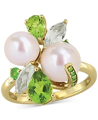 Cultured Freshwater Pearl (7-8.5mm) Multi-Gemstone (1-3/4 ct. t.w.) Ring 18k Gold-Plated Sterling Silver