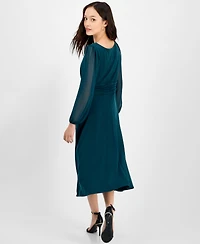 Connected Petite Shirred-Waist Sheer-Sleeve Midi Dress