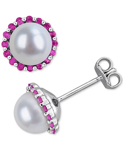 Cultured Freshwater Pearl (7-7.5mm) & Ruby (3/8 ct. t.w.) Stud Earrings in Sterling Silver