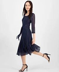 Connected Petite Mesh Tie-Waist 3/4-Sleeve Midi Dress