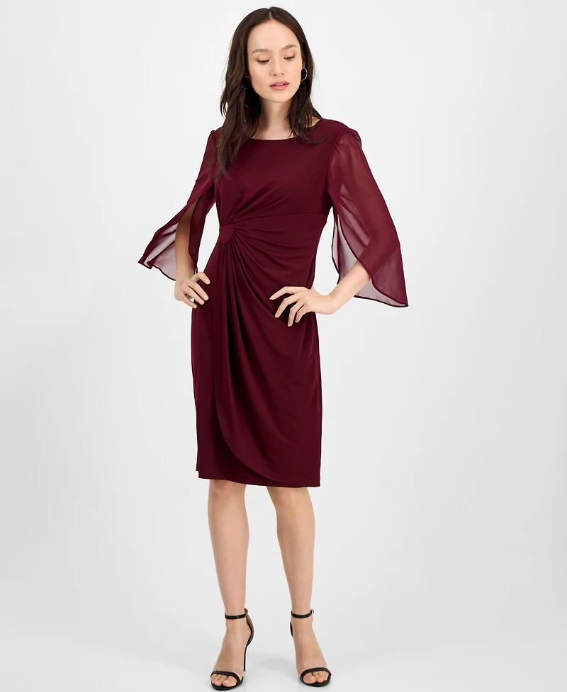 Connected Petite Chiffon Cape-Sleeve Sheath Dress
