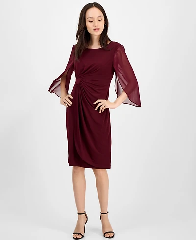 Connected Petite Chiffon Cape-Sleeve Sheath Dress