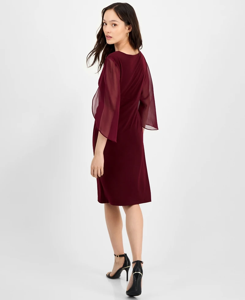 Connected Petite Chiffon Cape-Sleeve Sheath Dress