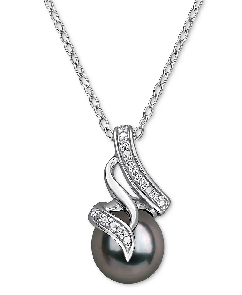 Cultured Black Tahitian Pearl (8mm) & Diamond (1/20 ct. t.w.) Swirl 18" Pendant Necklace in Sterling Silver