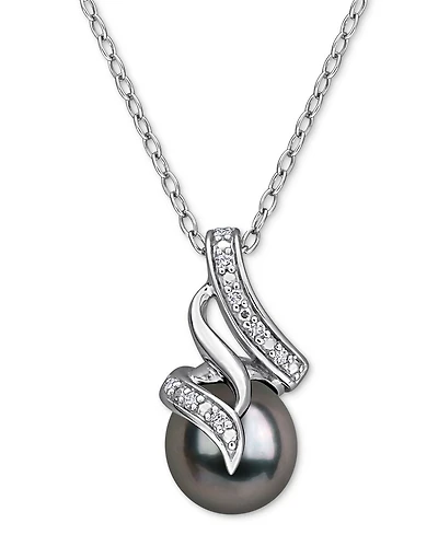 Cultured Black Tahitian Pearl (8mm) & Diamond (1/20 ct. t.w.) Swirl 18" Pendant Necklace in Sterling Silver