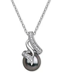 Cultured Black Tahitian Pearl (8mm) & Diamond (1/20 ct. t.w.) Swirl 18" Pendant Necklace in Sterling Silver