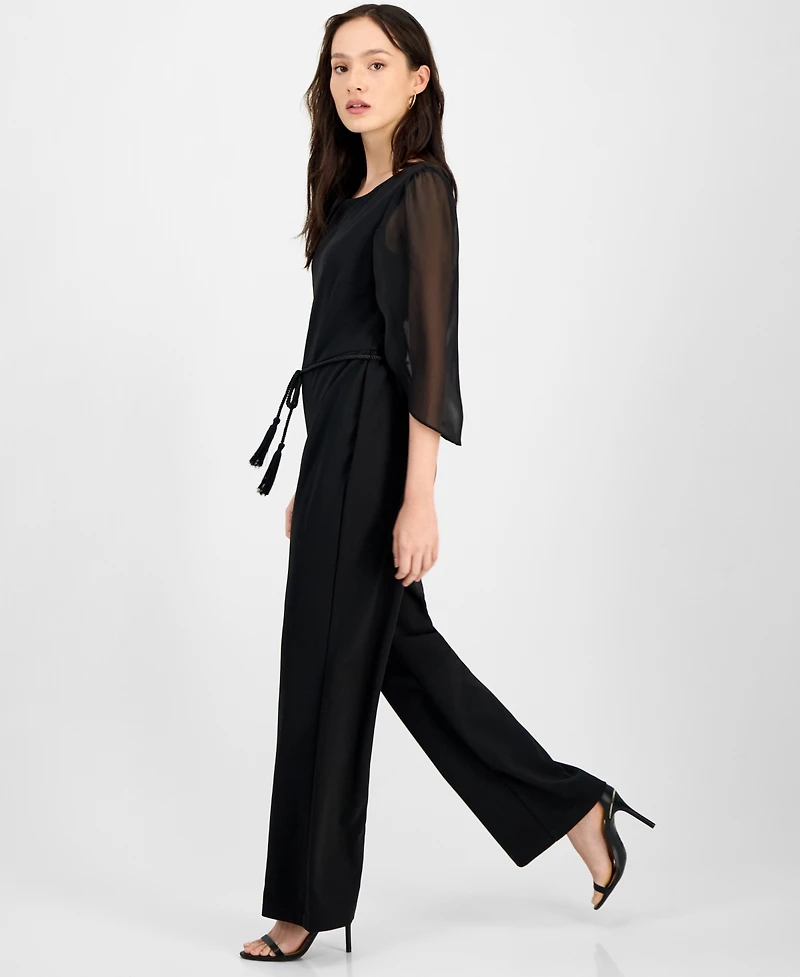 Connected Petite Bell-Sleeve Tassel-Belt Wide-Leg Jumpsuit