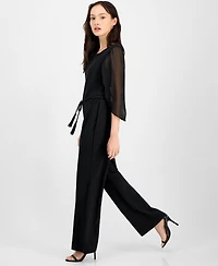 Connected Petite Bell-Sleeve Tassel-Belt Wide-Leg Jumpsuit
