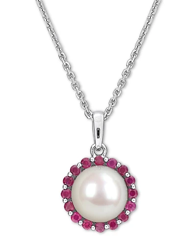 Cultured Freshwater Pearl (8mm) & Ruby (1/3 ct. t.w.) 18" Pendant Necklace in Sterling Silver