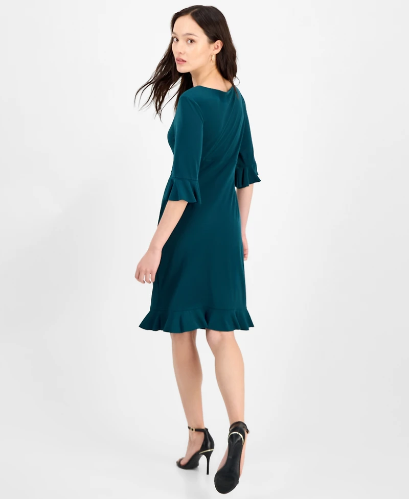 Connected Petite 3/4-Sleeve Ruffle Jersey Dress