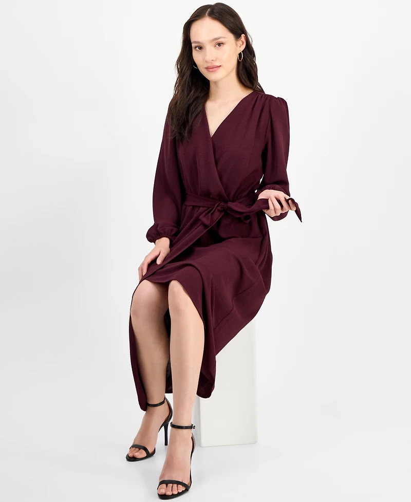 Connected Petite Long-Sleeve Tied Wrap Dress
