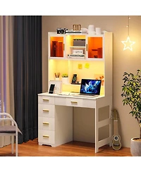 Vlsrka Office study computer desk with charging station and Led lights