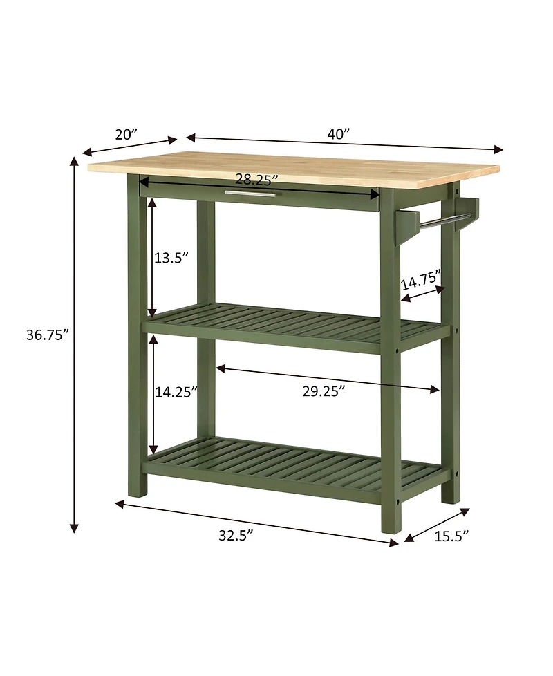 Convenience Concepts 40" Rubberwood Designs2Go 3-Tier Butcher Block Kitchen Prep Island with Drawer