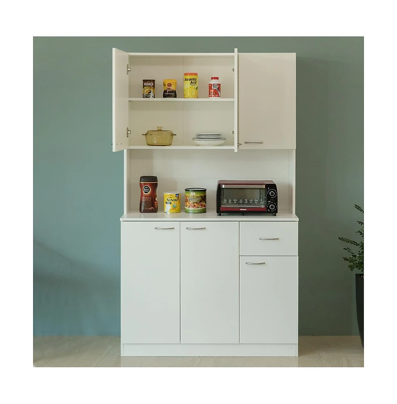 Basicwise Wooden Kitchen Pantry Storage Cabinet with Drawer, Doors and Shelves, White