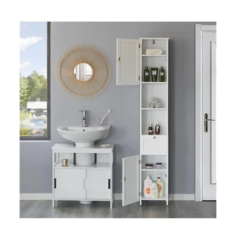 Basicwise White Tall Standing Bathroom Linen Tower Storage Cabinet for Bathroom and Vanity