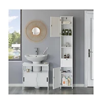 Basicwise White Tall Standing Bathroom Linen Tower Storage Cabinet for Bathroom and Vanity