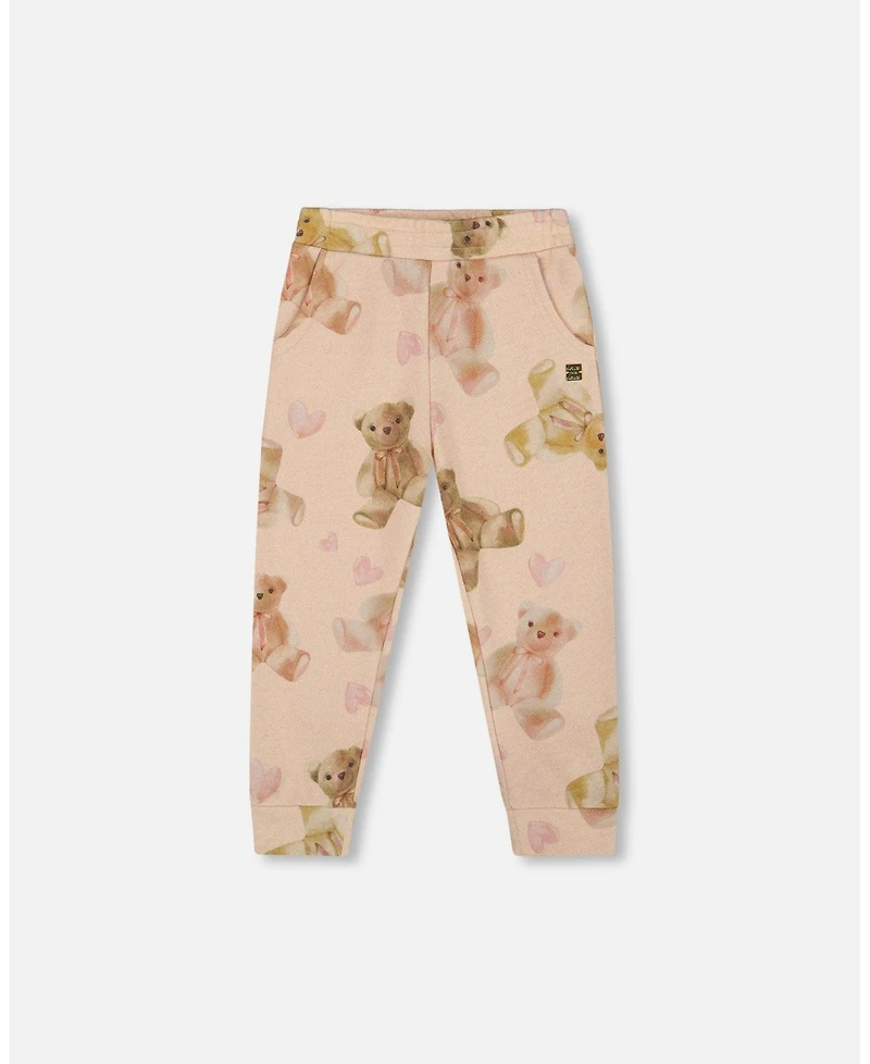 Deux par Girl Glittering French Terry Sweatpants Beige Teddy Bear Print