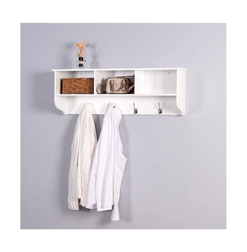 Vanirror White Entryway Wall Mounted Coat Rack with 4 Dual Hooks Living Room Wooden Storage Shelf