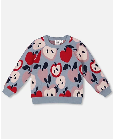 Deux par Girl Knit Sweater Blue and Red with Apple Heart Jacquard - Toddler|Child