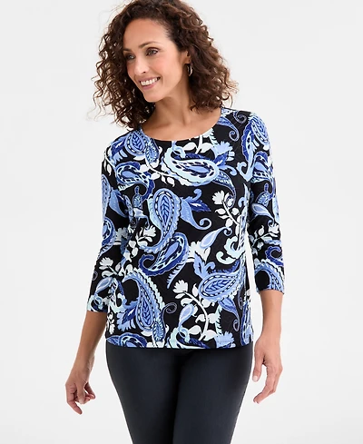 Jm Collection Women's Printed 3/4 Sleeve Scoop-Neck Jacquard Top