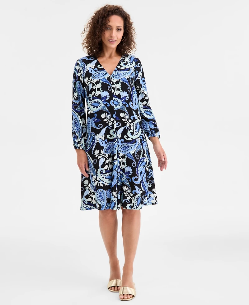 Jm Collection Women's Paisley-Print V-Neck Long-Sleeve Dress, Macy's Exclusive