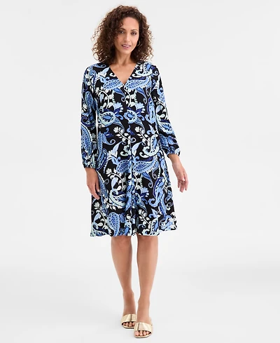Jm Collection Women's Paisley-Print V-Neck Long-Sleeve Dress, Macy's Exclusive