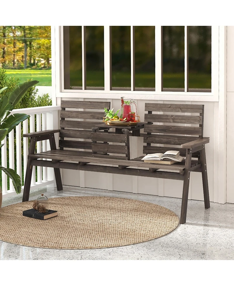 Gymax Outdoor Fir Wood Bench w/ Foldable Middle Table w/ Backrest & Armrests