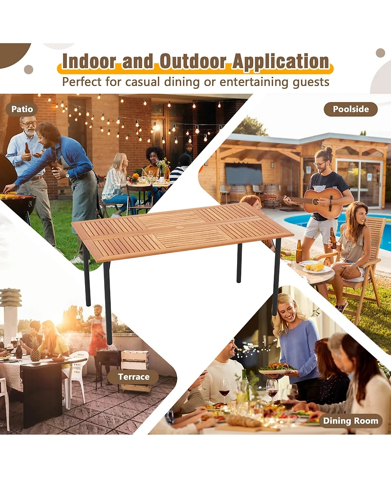 Gymax Rectangular Acacia Wood Dining Table w/ 1.9'' Umbrella Hole Patio