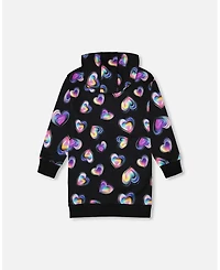 Deux par Girl Hooded Fleece Dress Black and Multicolor with Trompe-l Bag Detail - Child