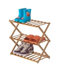 Basicwise Bamboo Foldable Shoe Rack Free Standing Shoe Organizer Storage Rack 3 Tier