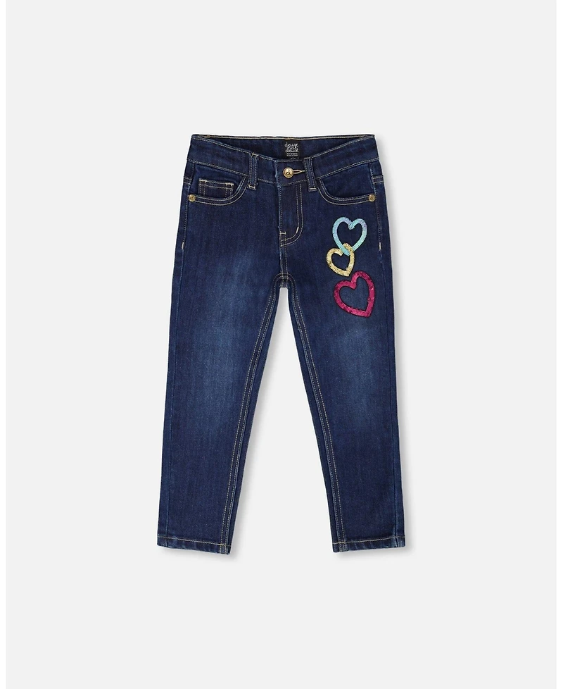 Deux par Girl Stretch Jeans Blue Denim with Glittery Hearts - Child