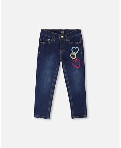 Deux par Girl Stretch Jeans Blue Denim with Glittery Hearts - Child