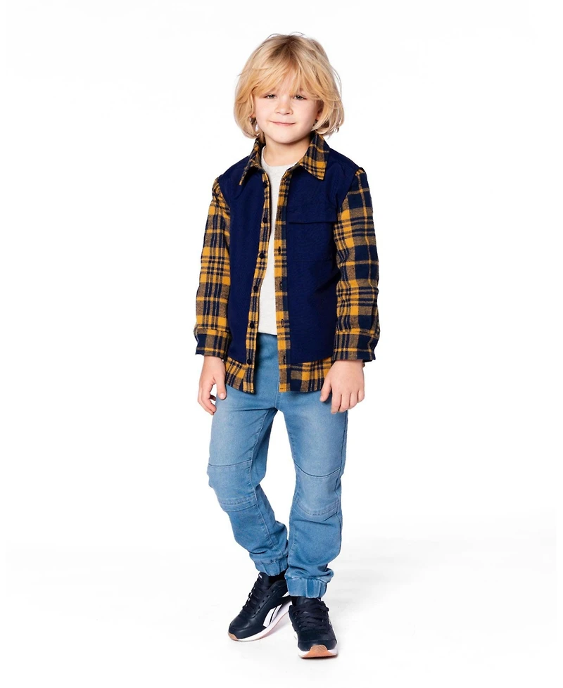 Deux par Boy Long Sleeve Plaid Flannel Shirt with Solid Vest Blue and Ocher - Toddler|Child