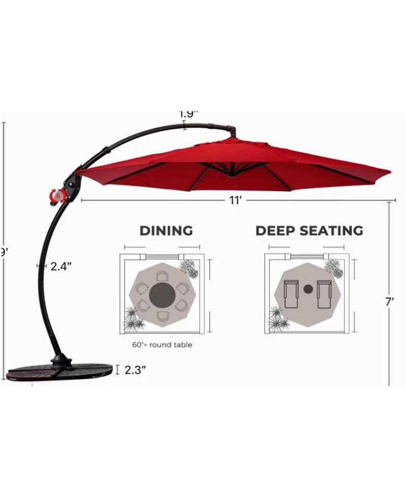 Mondawe 11ft Cantilever Umbrella w/ 360° Rotation & 90° Tilt, Powder-Coated Aluminum Frame Umbrella