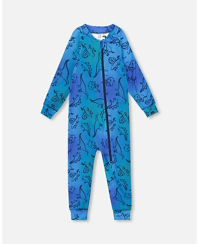 Deux par Boy One-Piece Thermal Underwear Blue Gradient Dinosaur Print - Child