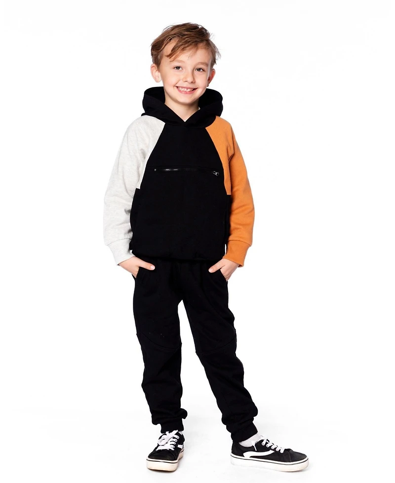 Deux par Big Boys Pullover Hooded Fleece Sweatshirt with Zip Pocket Black