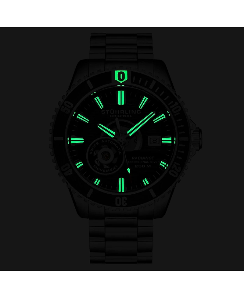 Stuhrling 1013 Men s Automatic Watch Swiss Movement Black Dial Black Bezel Stainless Steel Case and Bracelet 200M Water Resistant Diver Date Window