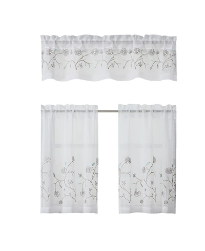 Kate Aurora Complete 3 Piece Embroidered Shabby Floral Roses Sheer Cafe Kitchen Curtain Tier & Valance Set - Neutral/Linen