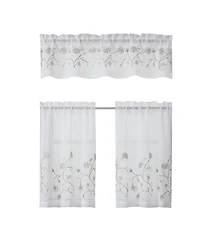 Kate Aurora Complete 3 Piece Embroidered Shabby Floral Roses Sheer Cafe Kitchen Curtain Tier & Valance Set - Neutral/Linen